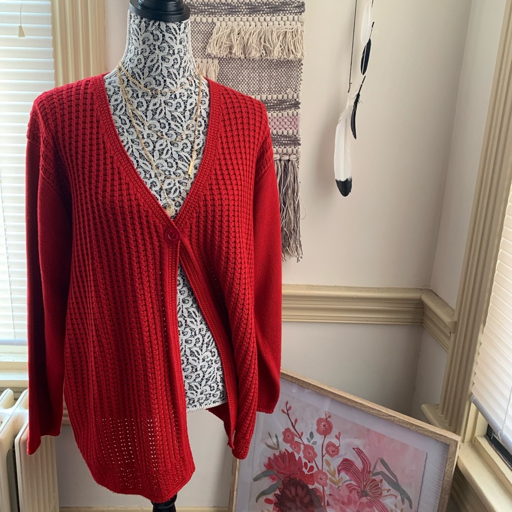 Vintage Trendy One Button Solid Red Cardigan Sz 1x - image 2